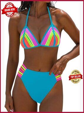 Rainbow Halter Bikini Set High Waisted Triangle Top Swimwear